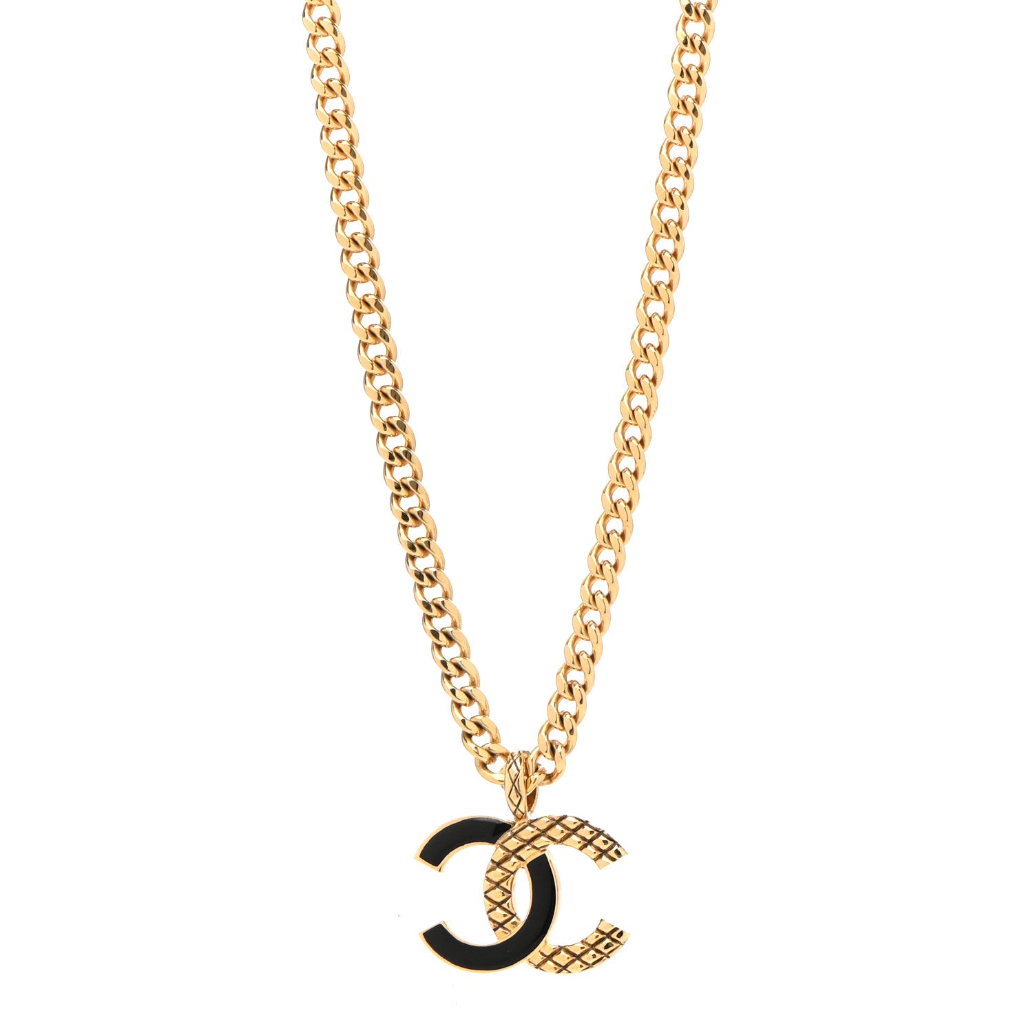 Chanel Metal Enamel Quilted CC Chain Necklace Pendant Gold Black 1 of 7