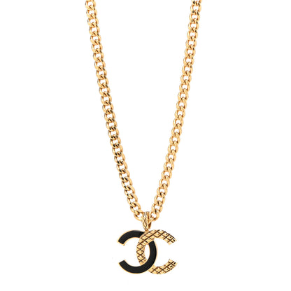 Chanel Metal Enamel Quilted CC Chain Necklace Pendant Gold Black 1 of 7