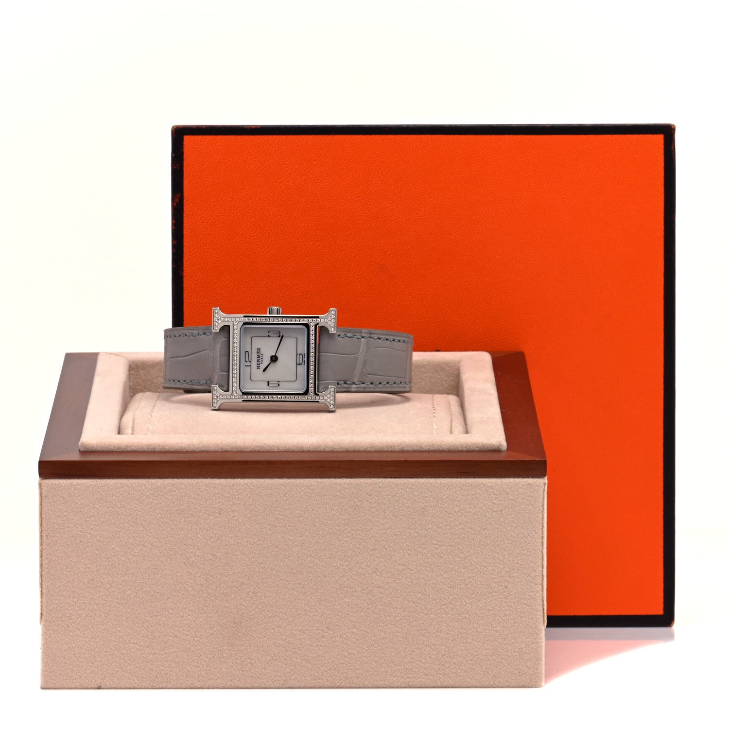 Hermes Stainless Steel Alligator Diamond Bezel Mother of Pearl 21mm Heure H Hour Quartz Watch Gris Perle 5 of 5