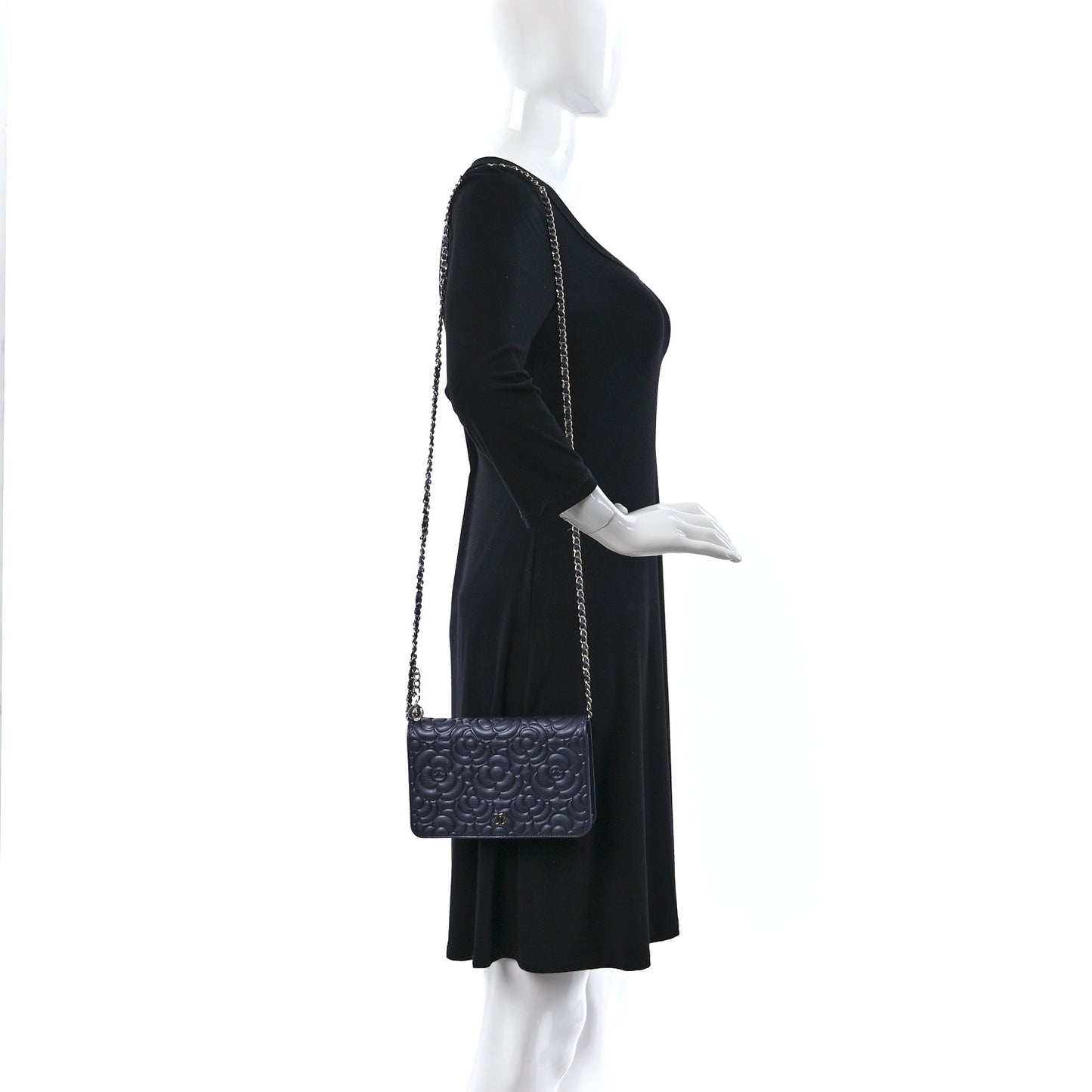 Goatskin Camellia Embossed Wallet On Chain WOC Blue