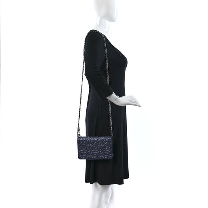 Chanel Goatskin Camellia Embossed Wallet On Chain WOC Blue 2 of 12