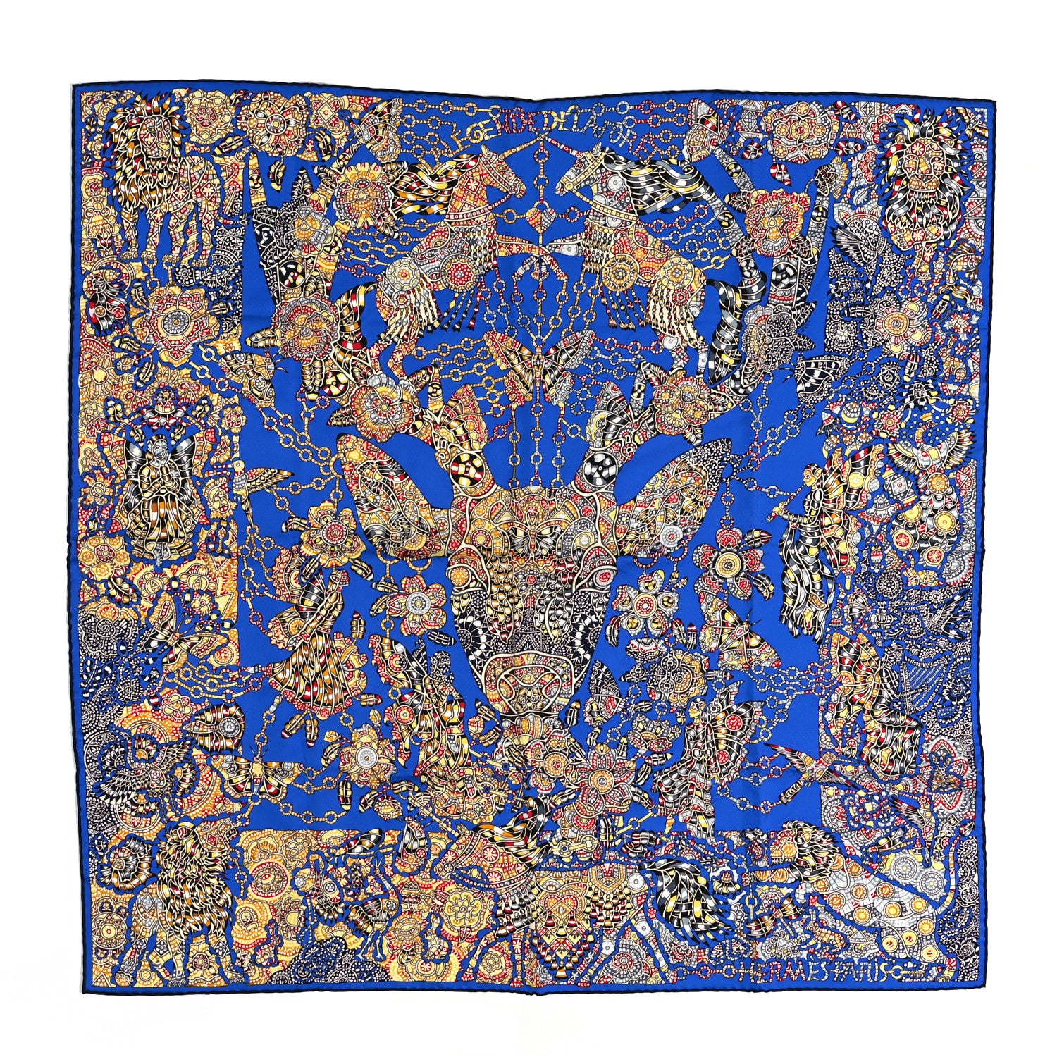 Hermes Silk La Legende de La Foret Scarf 90 Bleu Royal Jaune Rouge 1 of 5