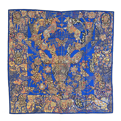 Hermes Silk La Legende de La Foret Scarf 90 Bleu Royal Jaune Rouge 1 of 5