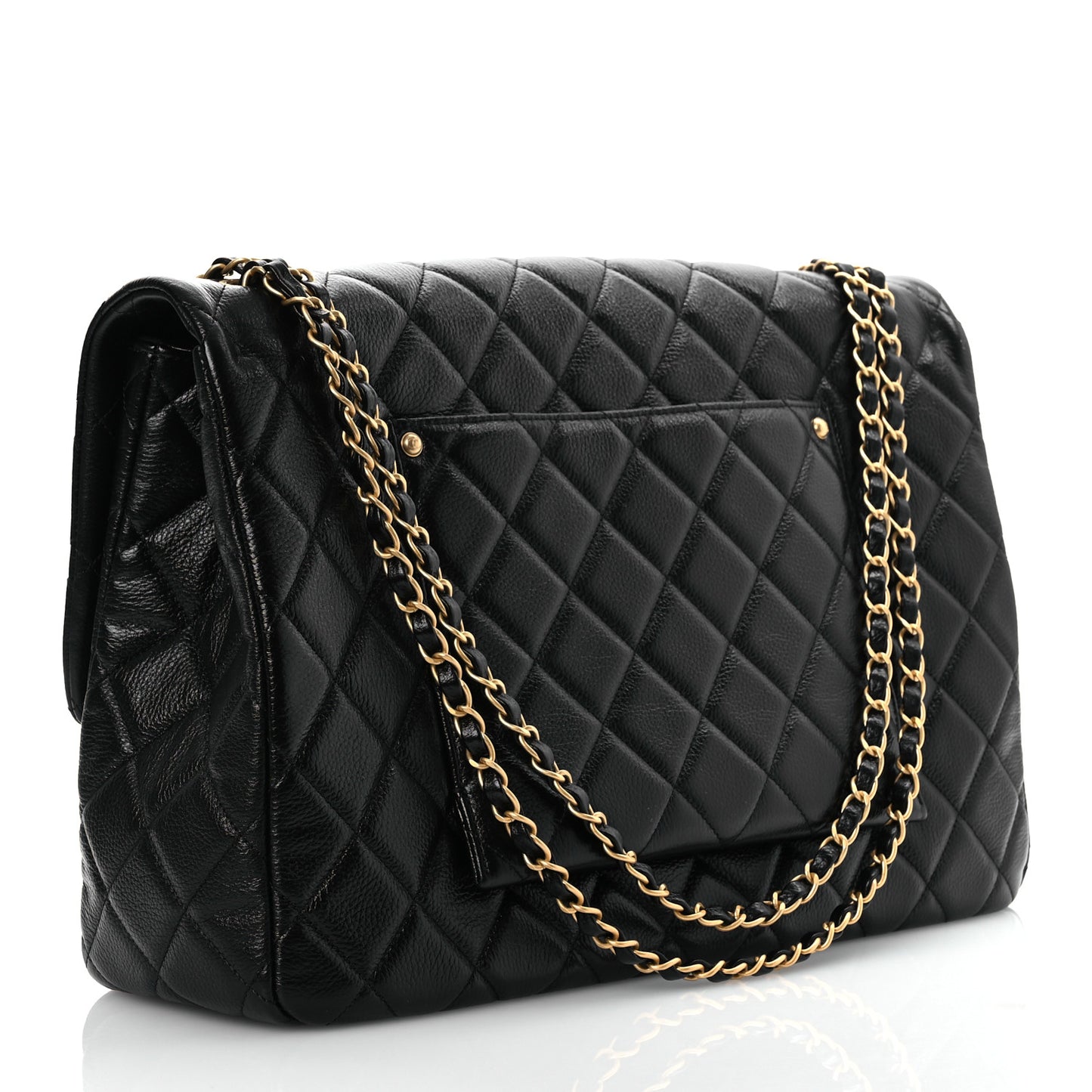 Grained Calfskin Quilted XXL Travel Flap Bag Black