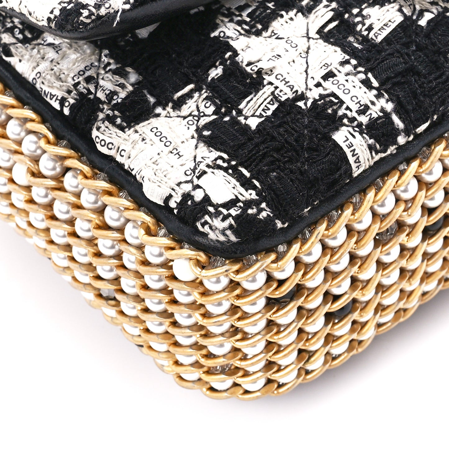 Tweed Quilted Mini Side Pearl Flap Bag Black Ecru White