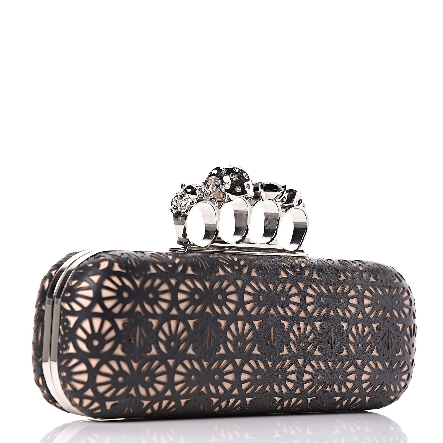 Alexander McQueen Calfskin Classic Bistrot Skull Knuckle Box Clutch Black Beige 3 of 11