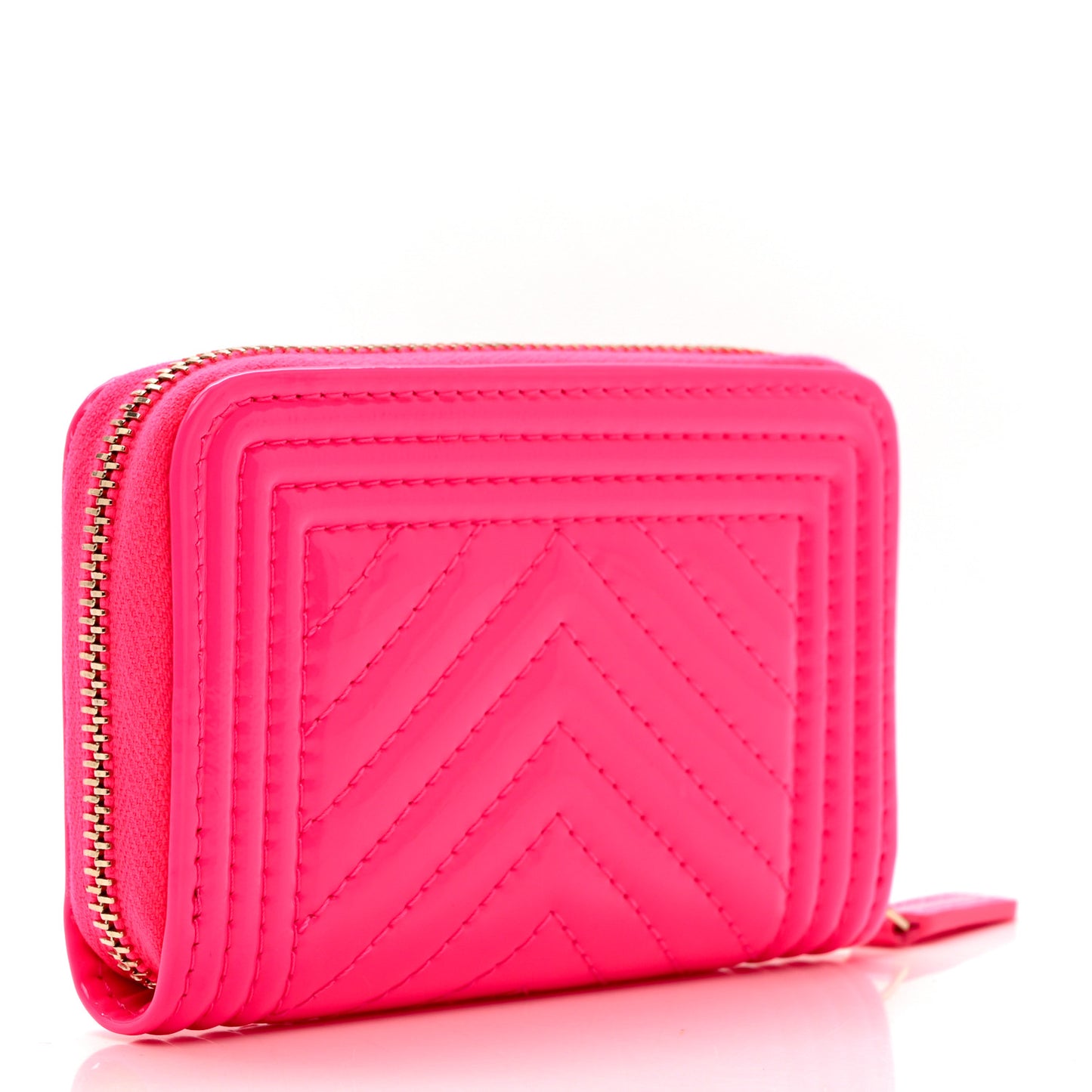 Patent Chevron Quilted Zip Around Boy Coin Purse Wallet Neon Pink