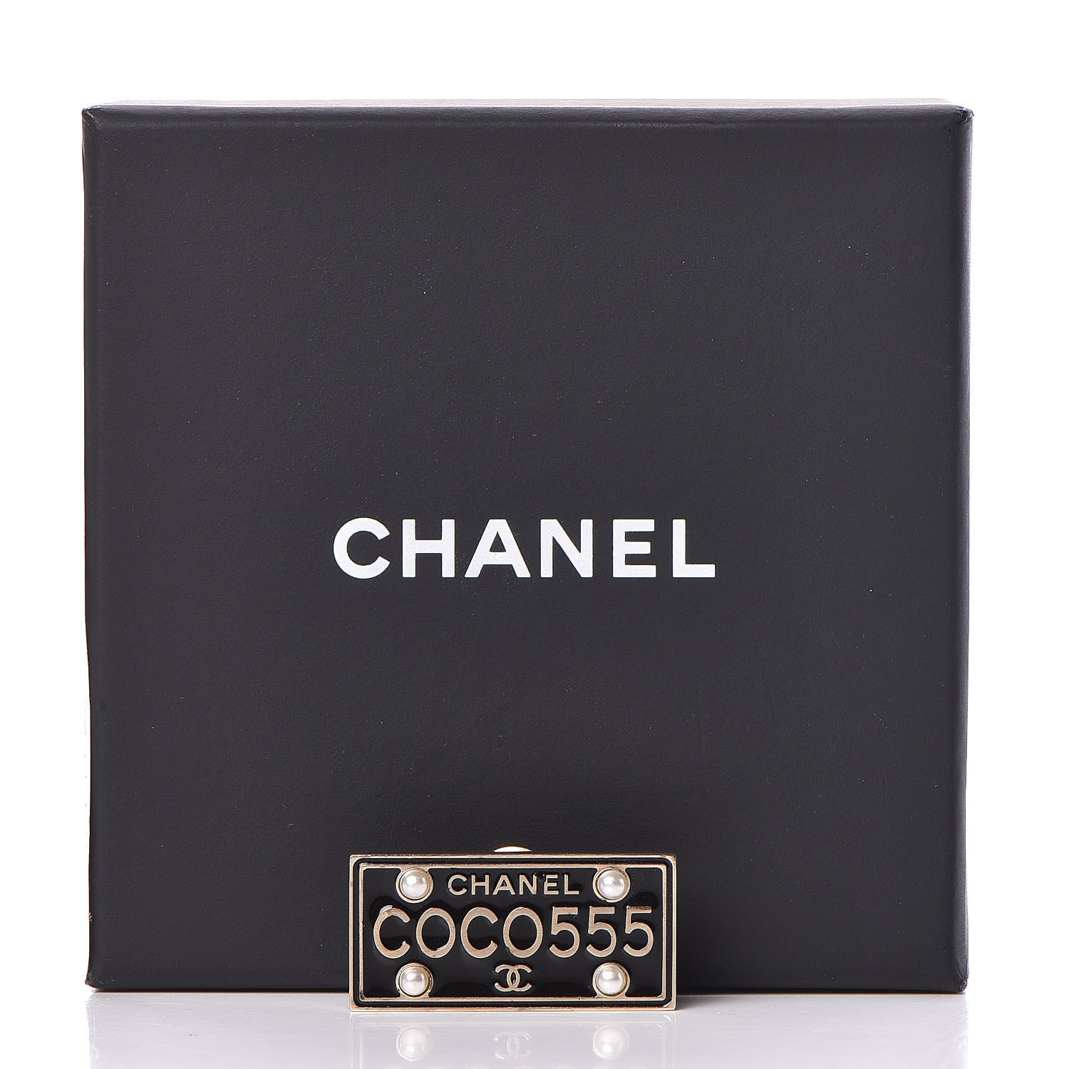 Chanel Metal Resin Pearl Coco License Plate Brooch Black Gold 5 of 5