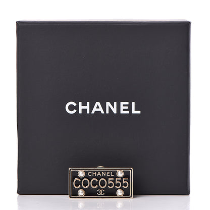 Chanel Metal Resin Pearl Coco License Plate Brooch Black Gold 5 of 5