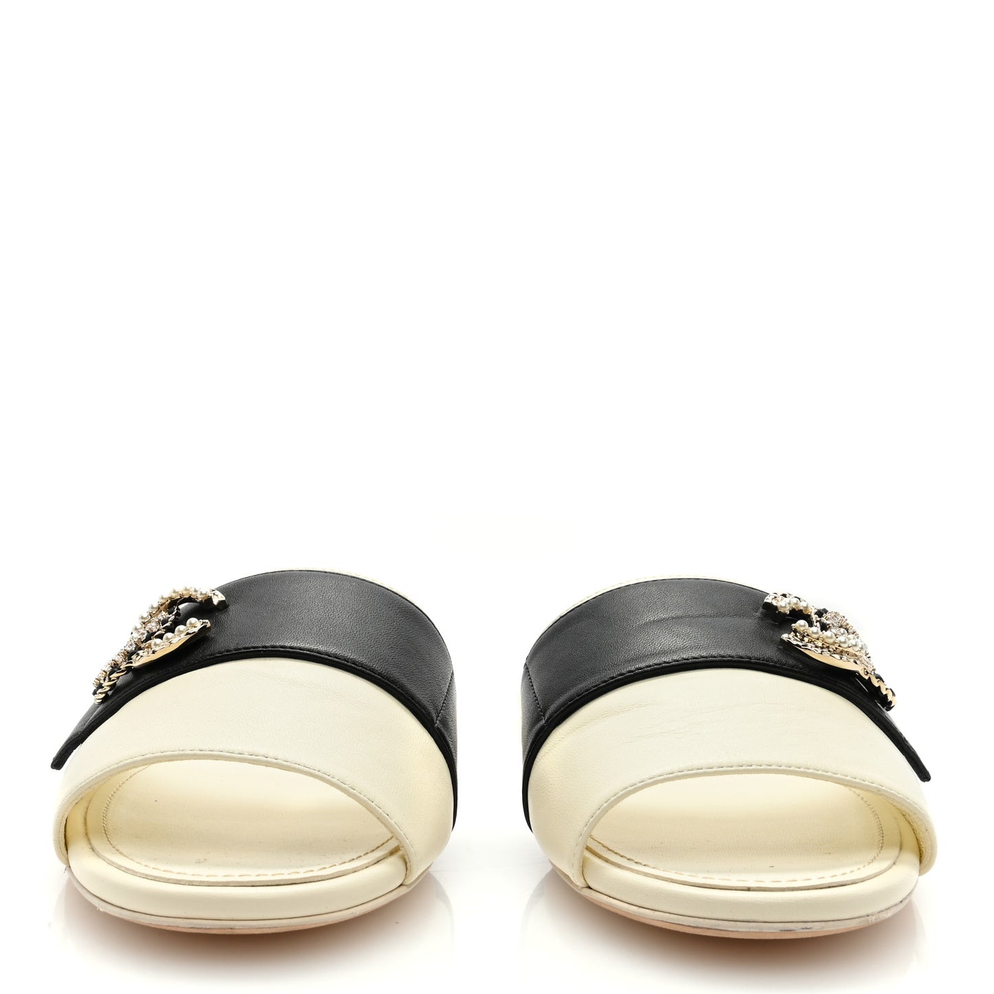 Lambskin Pearl Crystal CC Mules Sandals 39.5 Ivory Black