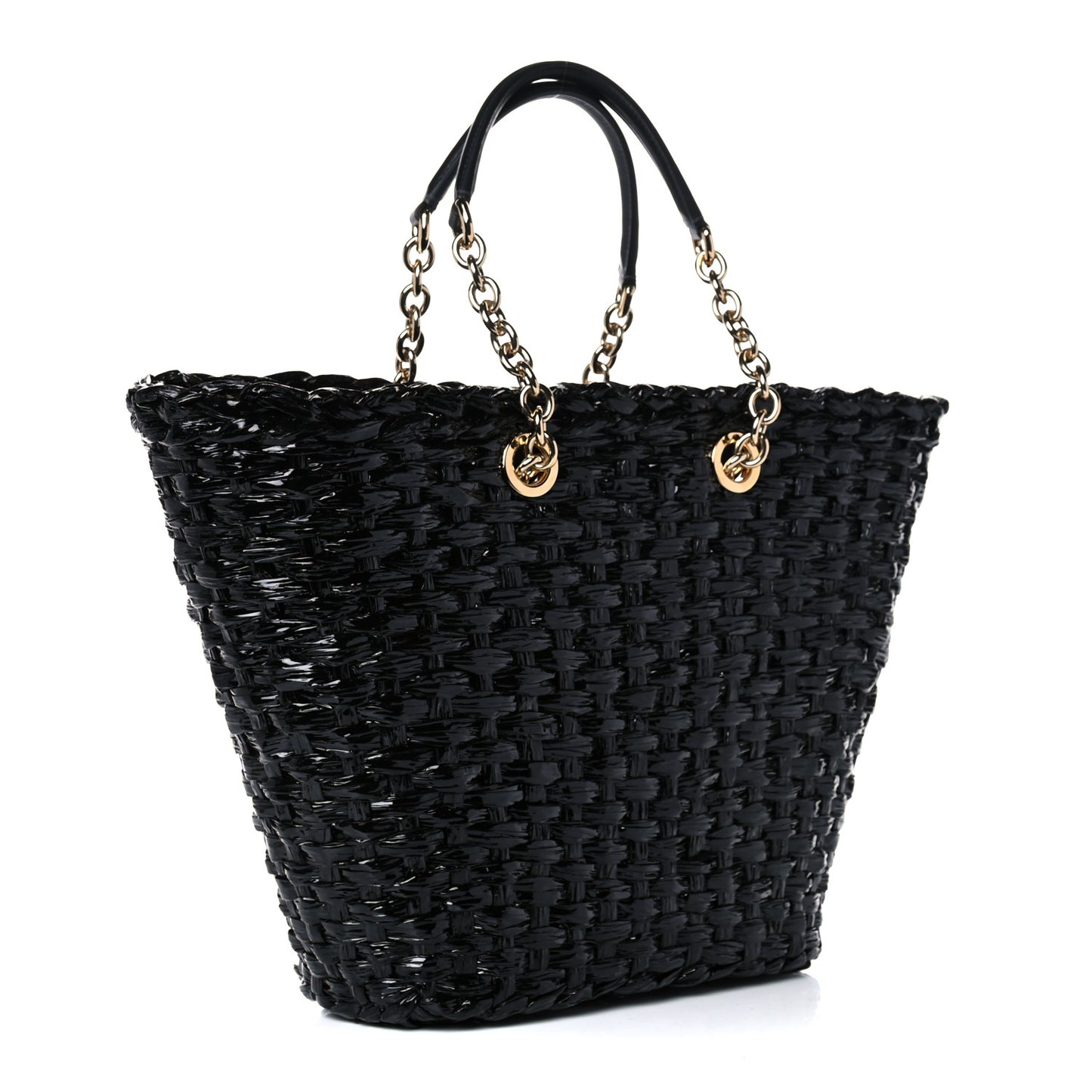 Vernice Vitello Raffia Woven Coffa Tote Black