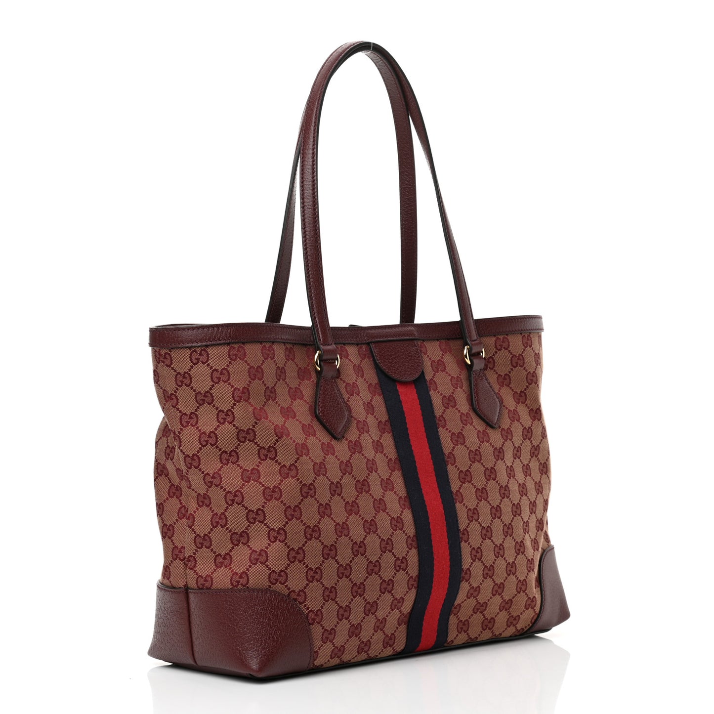 Monogram Textured Dollar Calfskin Web Medium Ophidia Shopping Tote Sahara Rubino Chardonnay