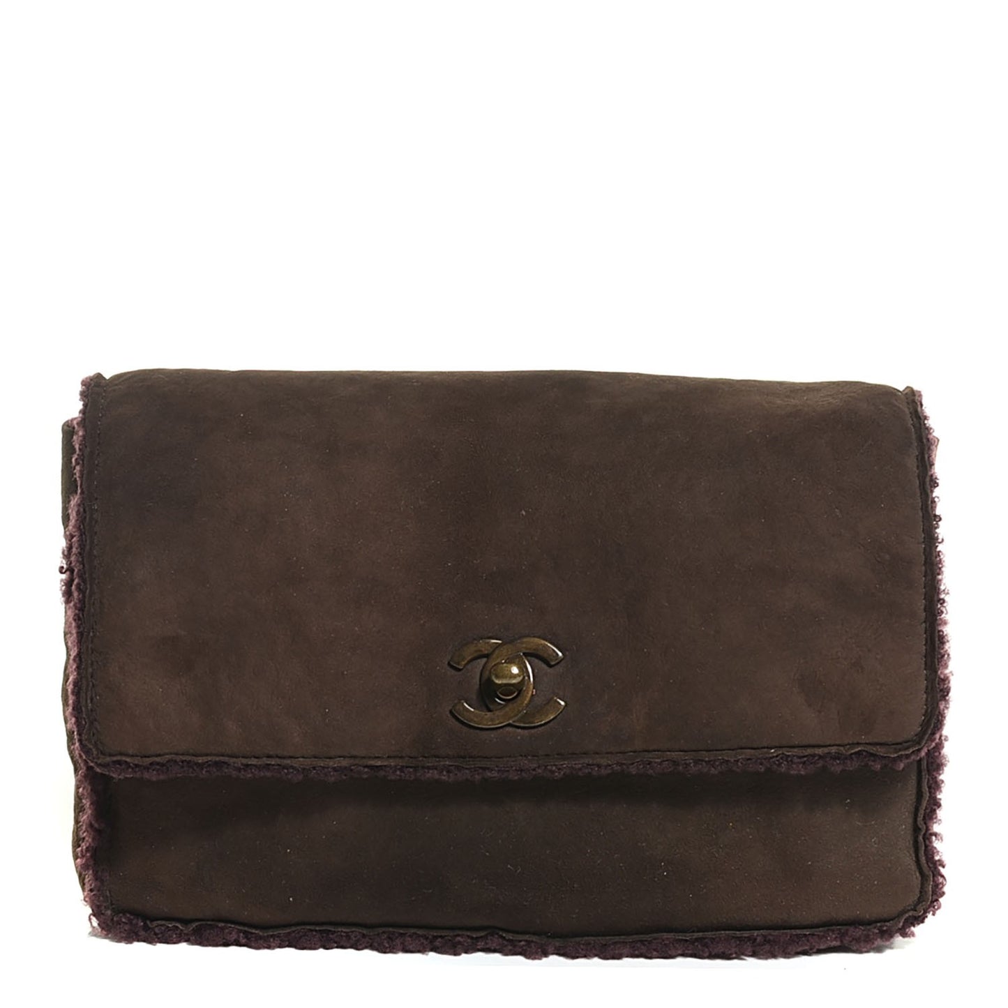 Suede Shearling Flap Clutch Brown Purple