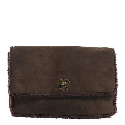 Chanel Suede Shearling Flap Clutch Brown Purple 1 of 8