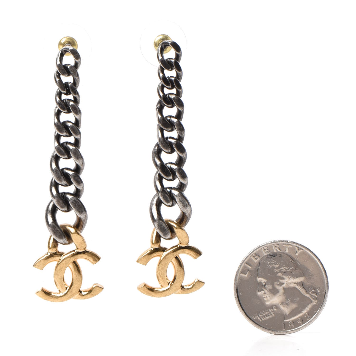 Chanel Metal CC Pick Drop Earrings Ruthenium Gold 2 of 4