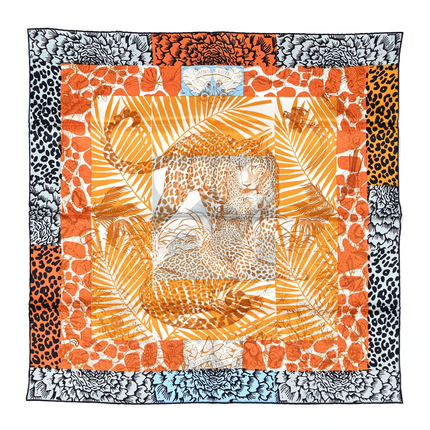 Silk Jungle Love au Tampon Scarf 70 Orange Cuit Bleu Vert-de-gris