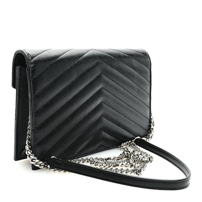 Saint Laurent Grain De Poudre Matelasse Chevron Monogram Envelope Chain Wallet Black 3 of 10
