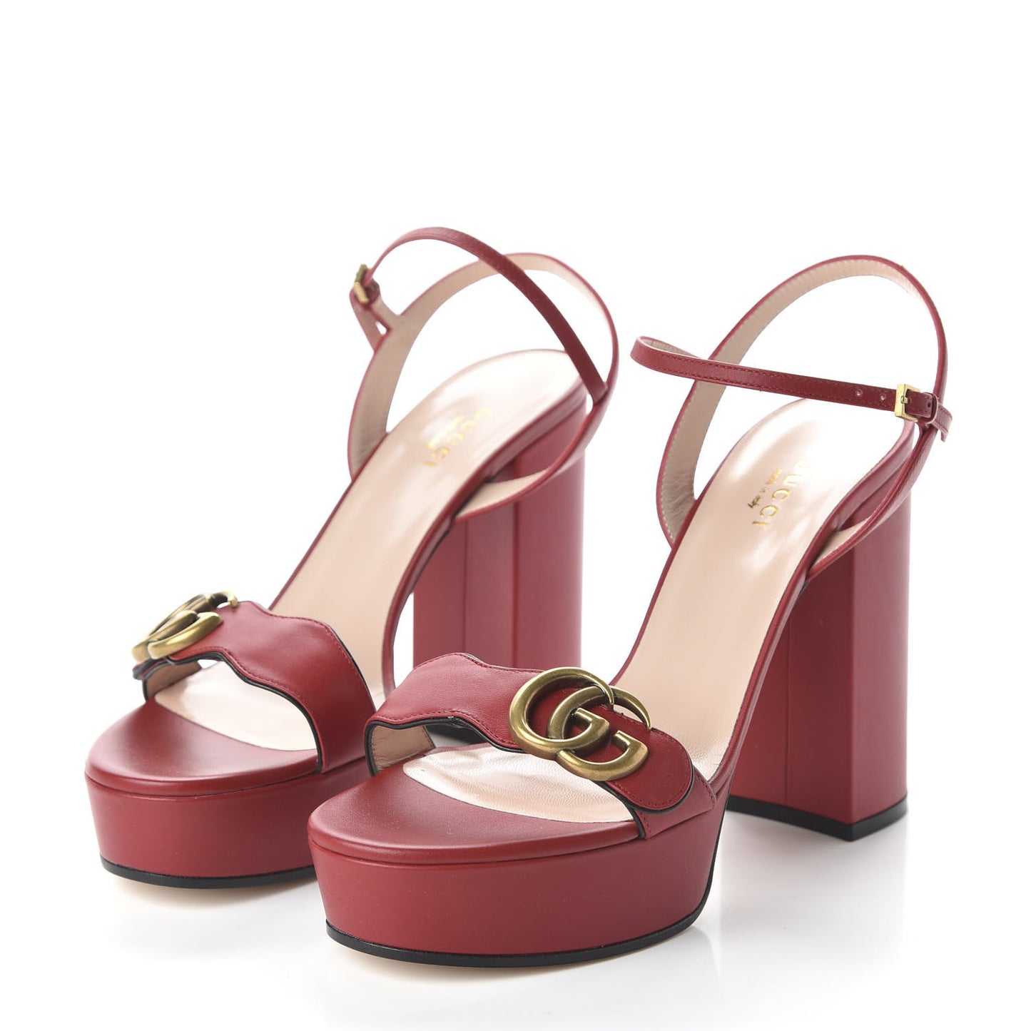 Calfskin GG Marmont Ankle Wrap 30/115mm Platform Sandals 38.5 Hibiscus Red