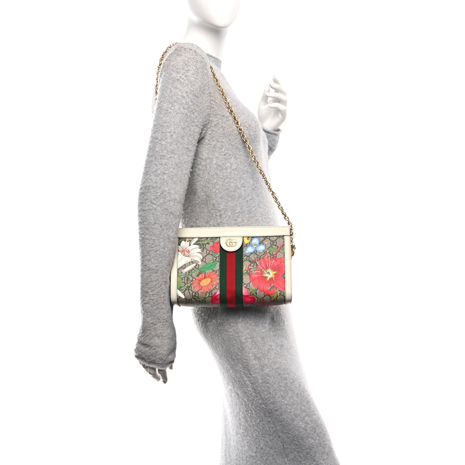Gucci GG Supreme Monogram Flora Web Small Ophidia Chain Shoulder Bag White 2 of 17