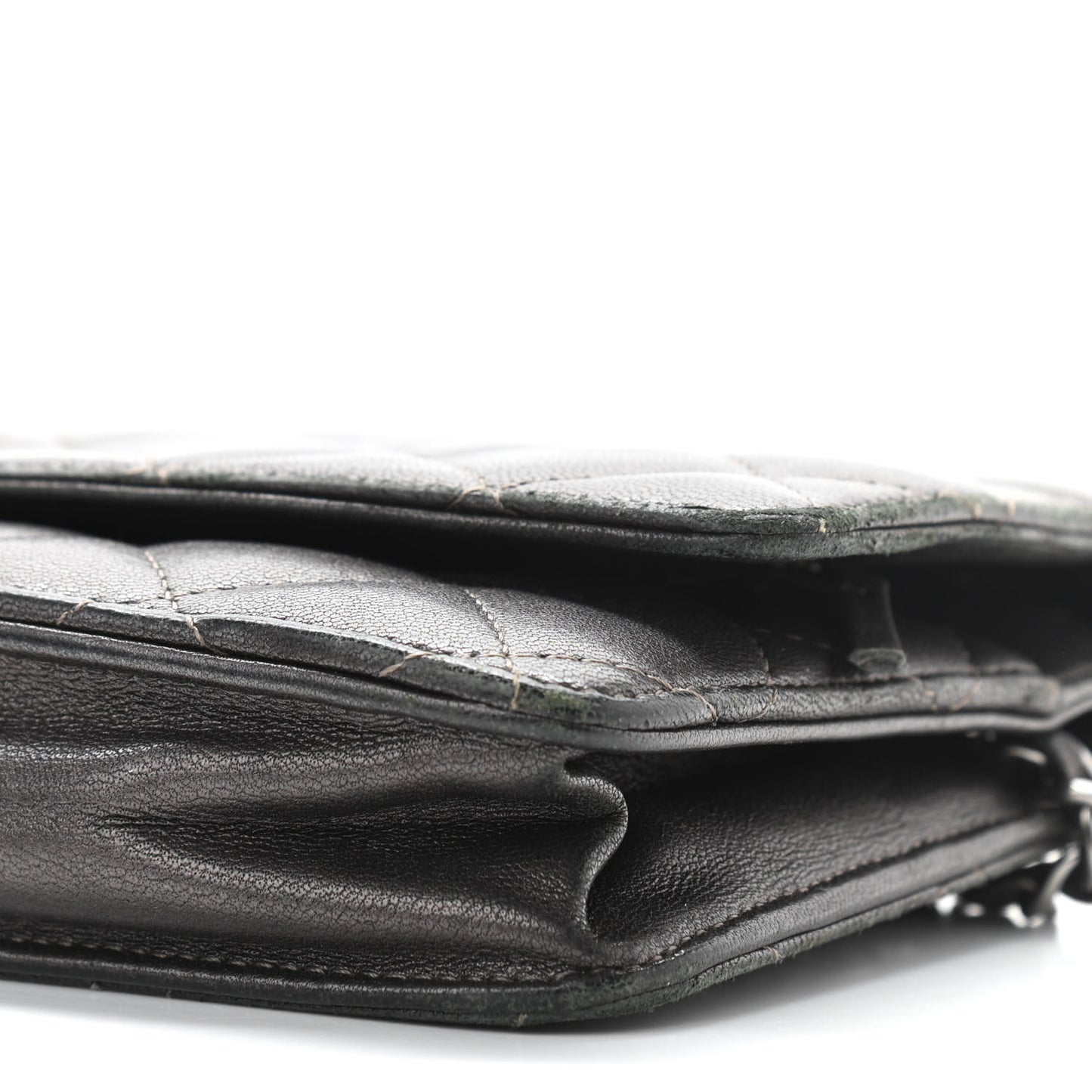 Metallic Lambskin Quilted Wallet On Chain WOC Dark Grey