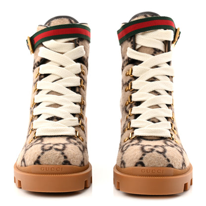 Gucci Covered Wool Big GG Monogram Womens Lace Up Combat Ankle Boots 39 Beige Ebony Cocoa 3 of 10