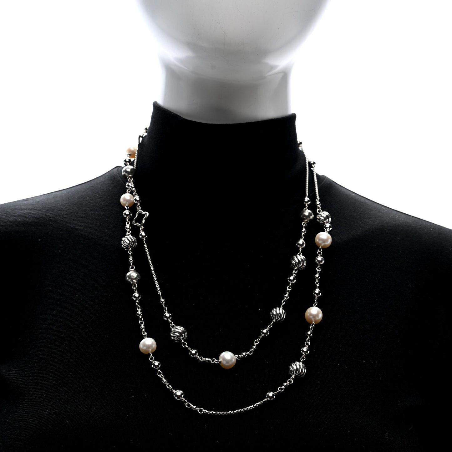 Sterling Silver Cultured Pearl Quatrefoil Long Chain Necklace