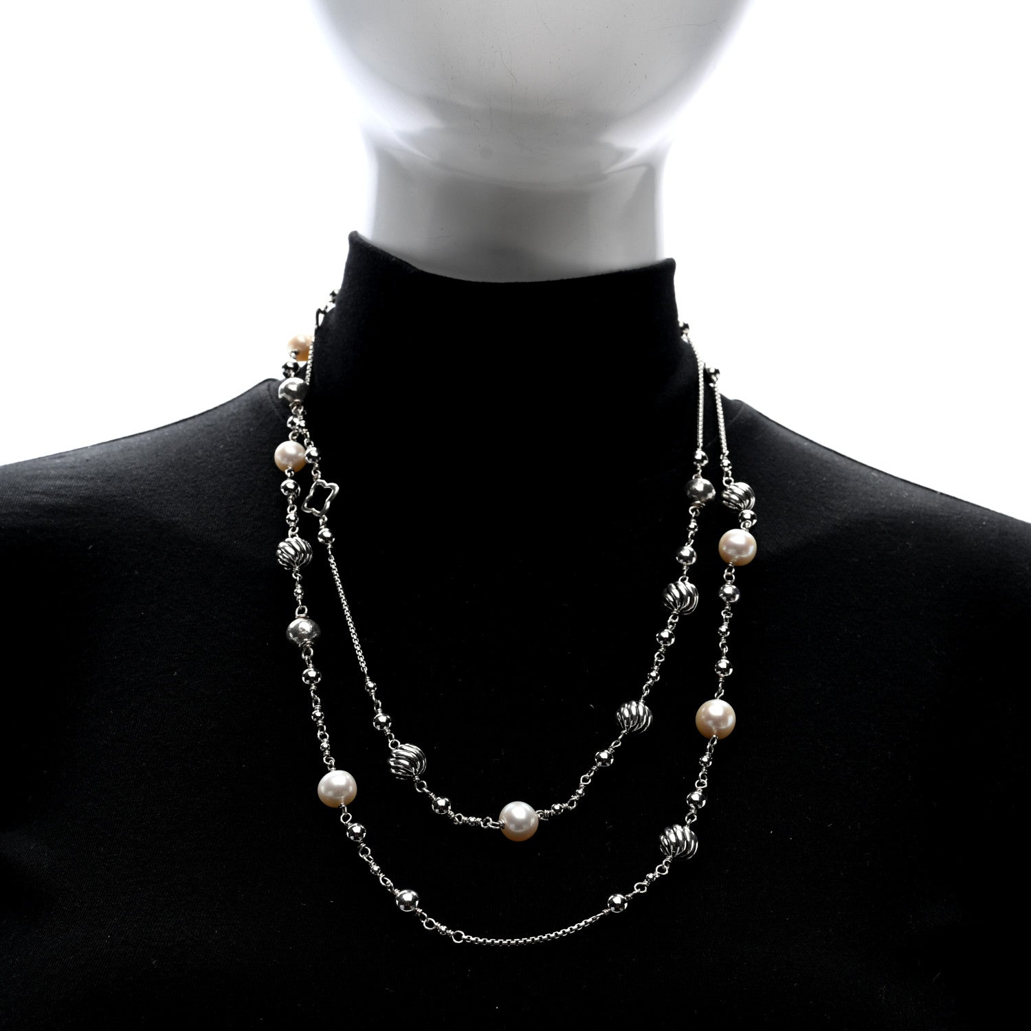 David Yurman Sterling Silver Cultured Pearl Quatrefoil Long Chain Necklace 2 of 4