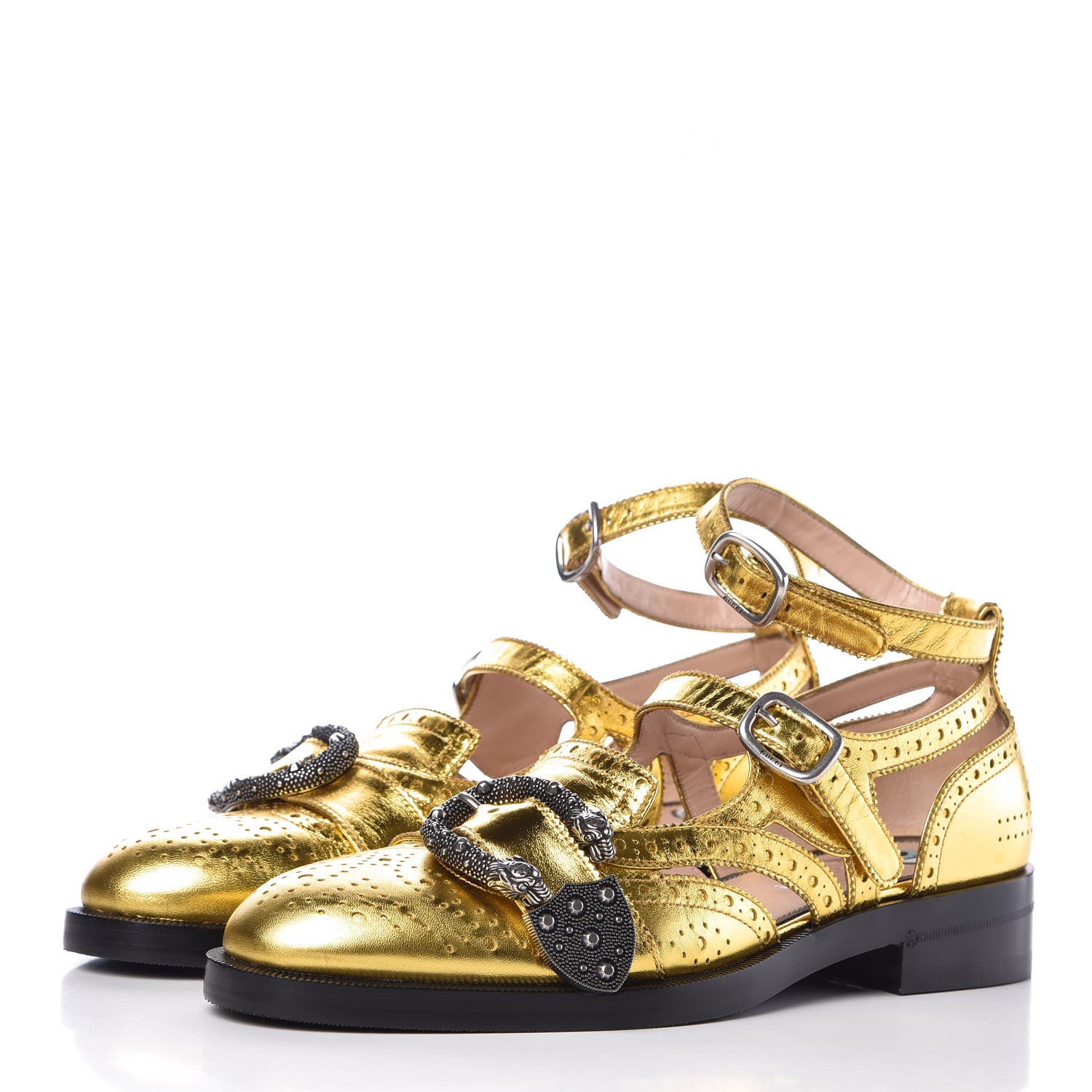 Gucci Metallic Nappa Bee Embroidered Womens Queercore Brogue Wingtip Monk Strap Loafers 38 Gold 3 of 9