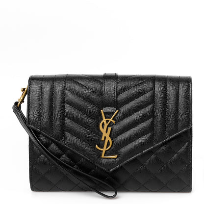 Saint Laurent Grain De Poudre Textured Mixed Matelasse Triquilt Monogram Clutch Black 1 of 10