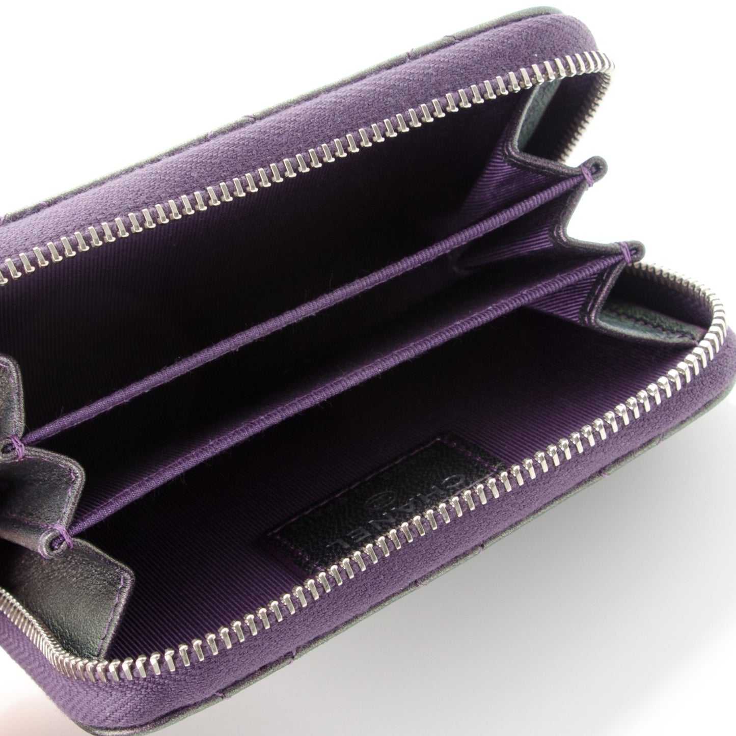 Metallic Lambskin Quilted Zip Around Coin Purse Wallet Purple