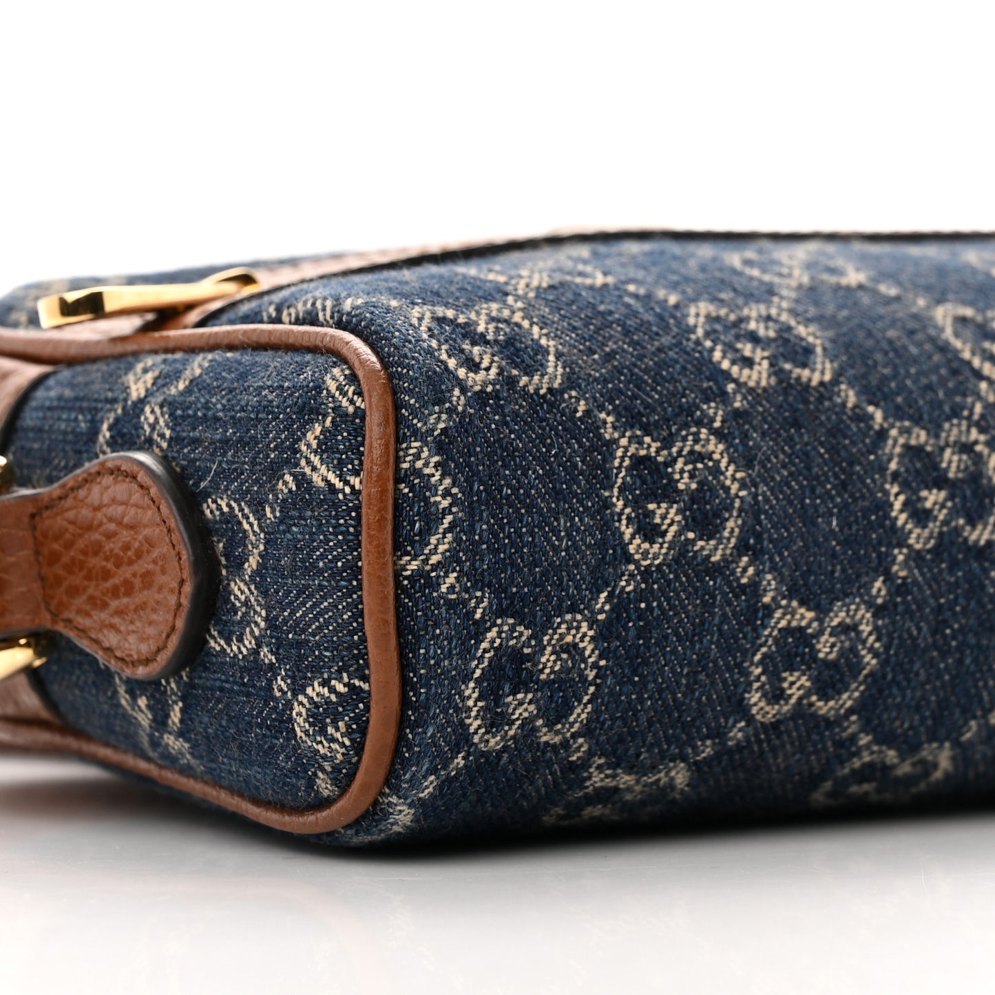 New Denim GG Monogram Dollar Calfskin Mini Ophidia Shoulder Bag Blue Tea Cuir Epilog