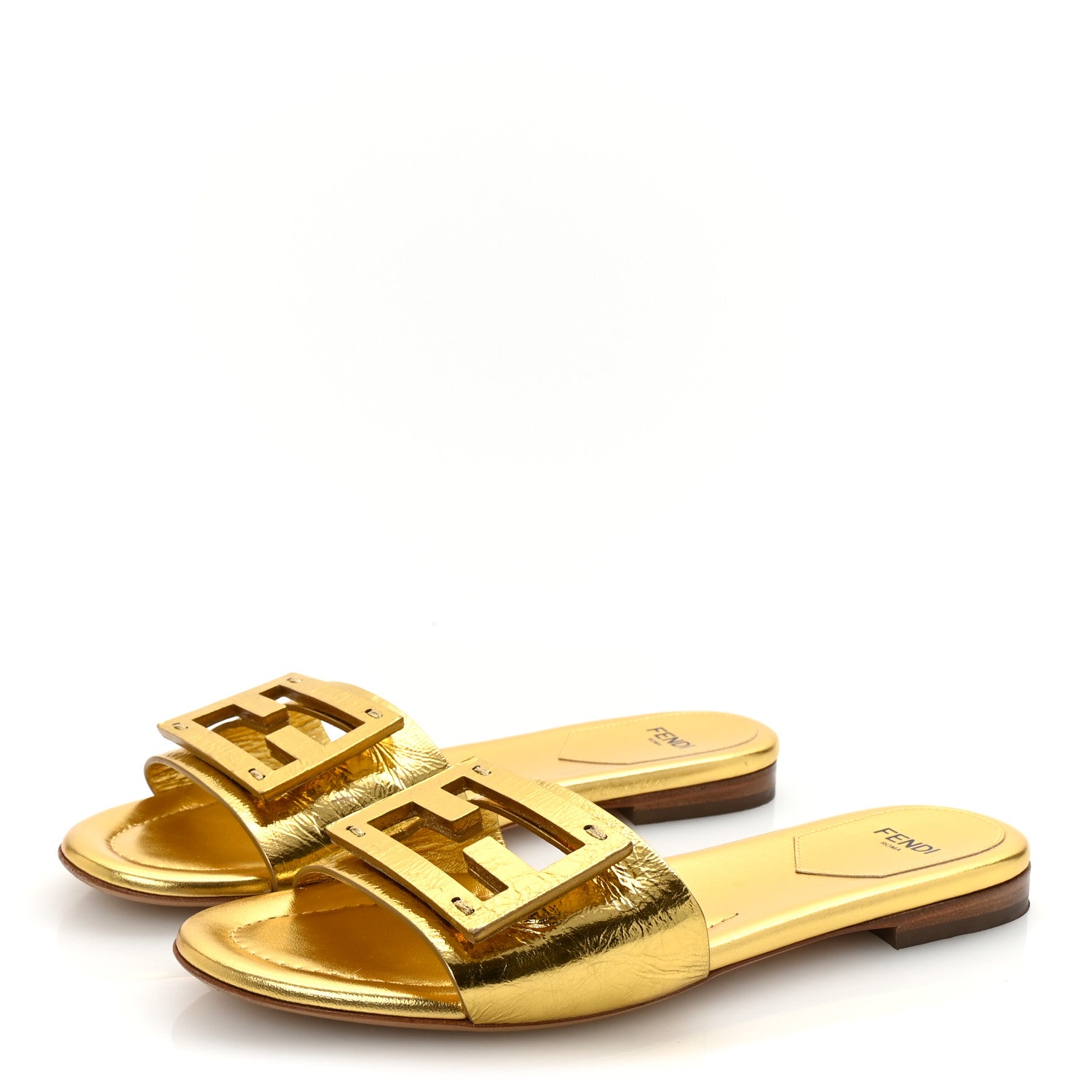 Fendi Nappa Laminata Cuoio Baguette Flat Slide Sandals 36 Gold 4 of 8