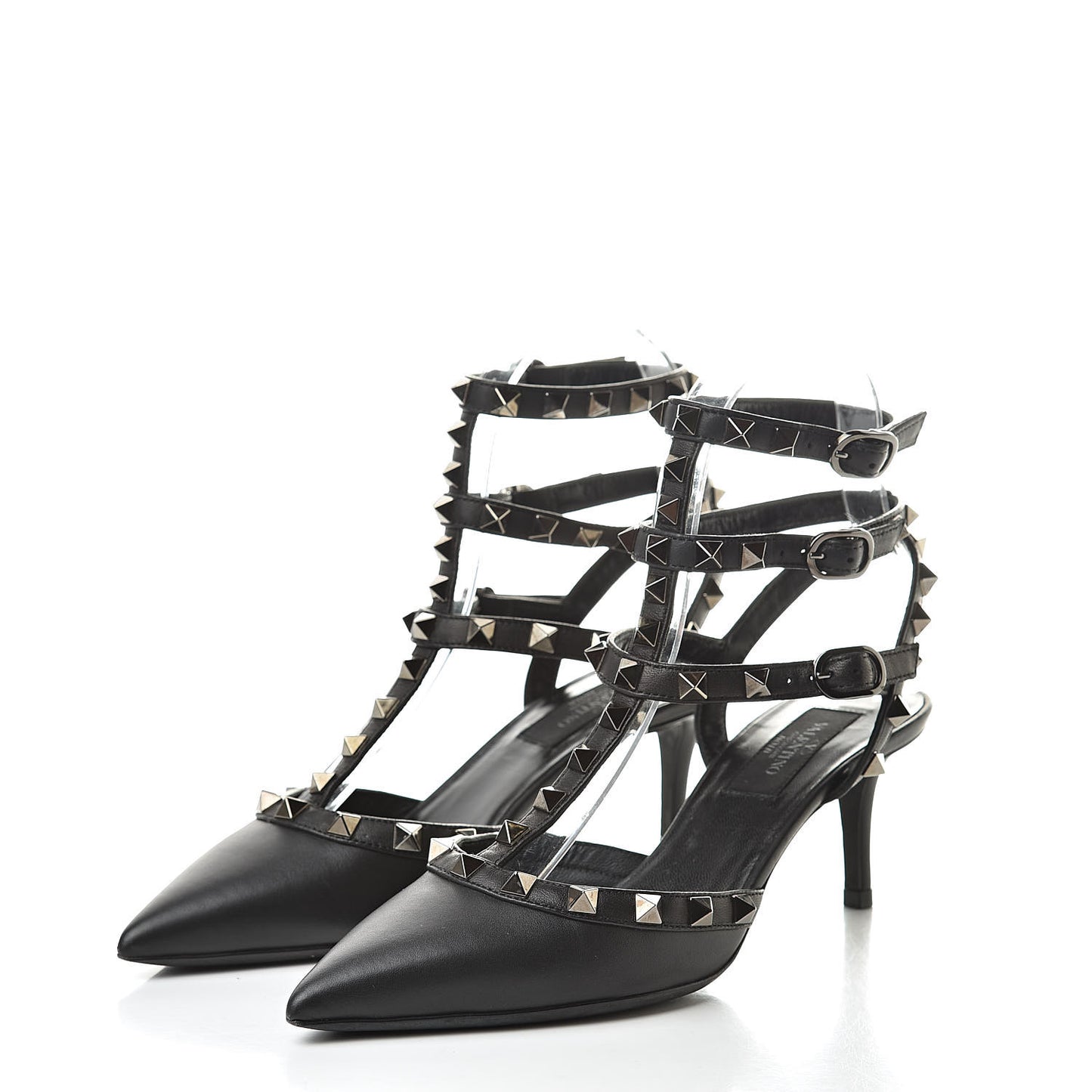 Nappa Rockstud Ankle Strap Low Heel Pumps 35.5 Black