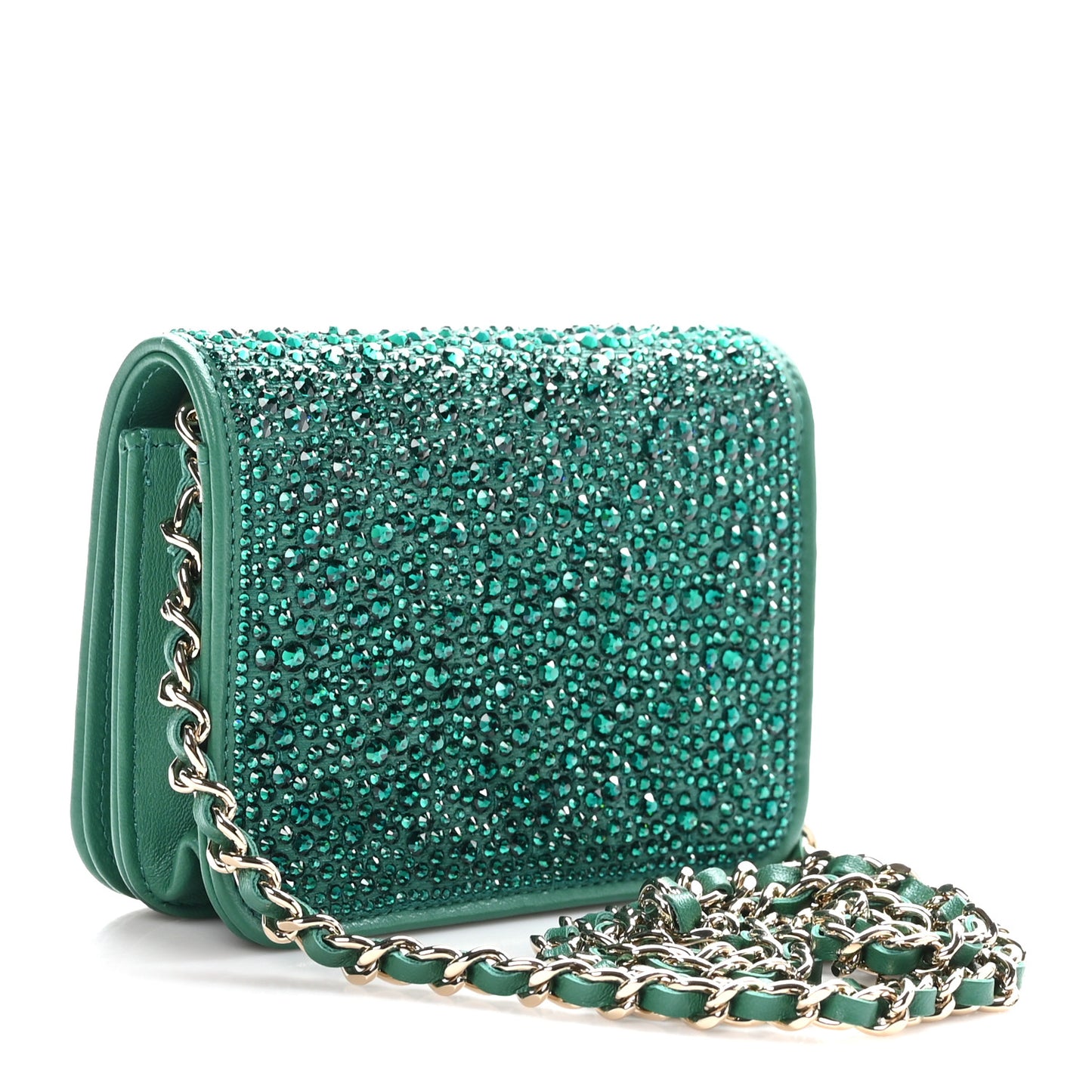 Lambskin Crystal Diamante Clutch With Chain Green