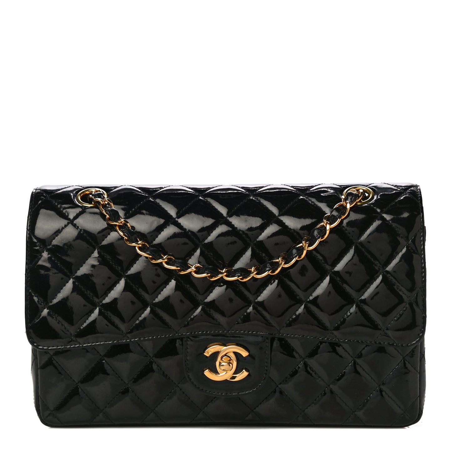 Patent Quilted Medium Double Flap Black