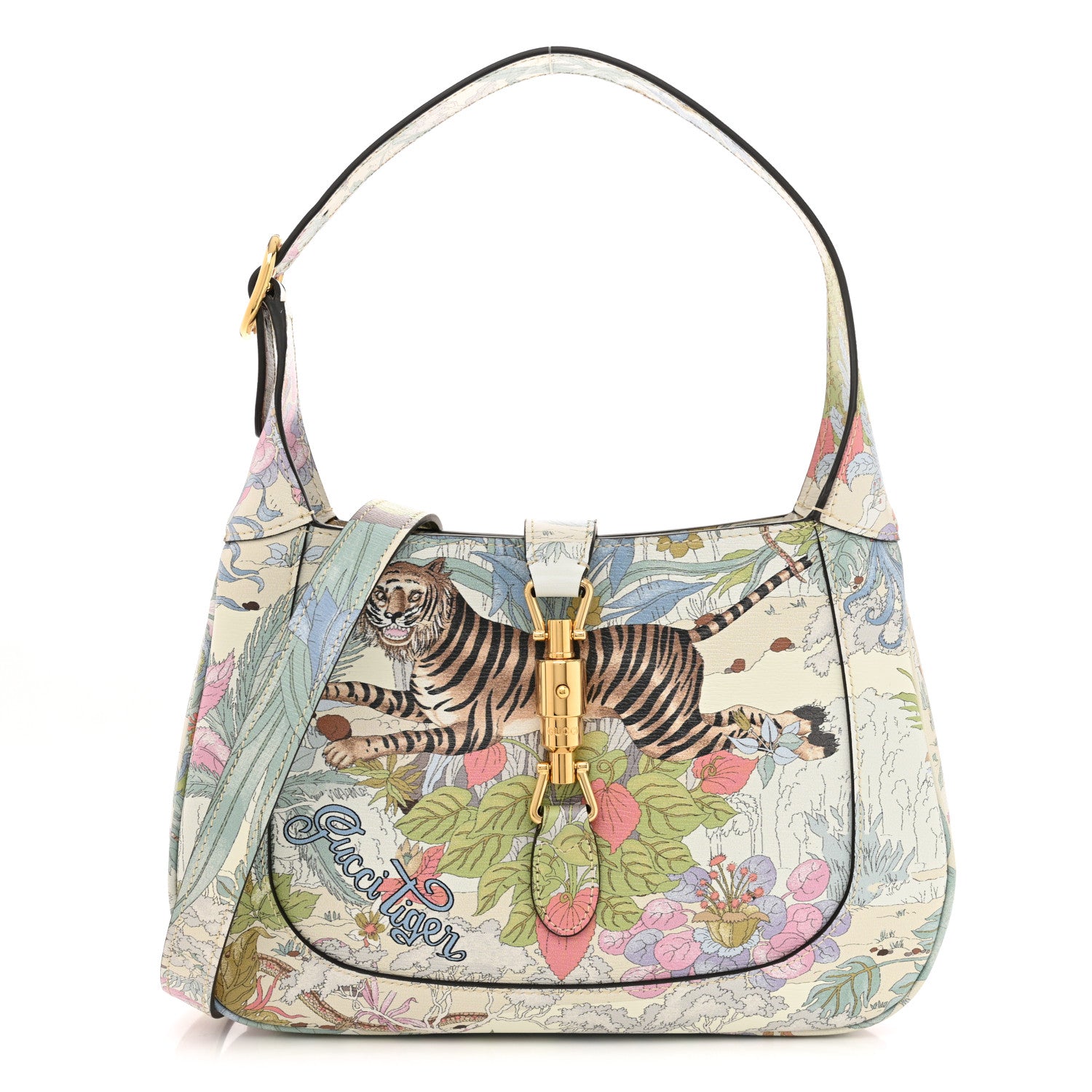Gucci New Shangai Calfskin Tiger Savanah Small Jackie 1961 Hobo Chalky White Multicolor 1 of 10