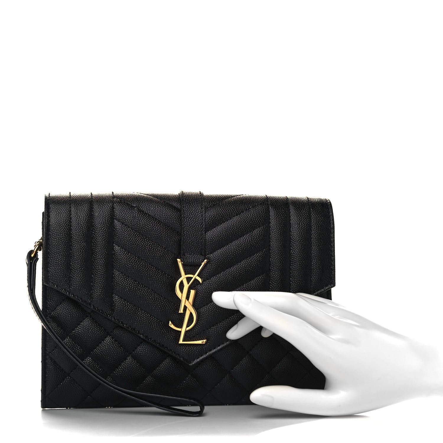 Saint Laurent Grain De Poudre Matelasse Chevron Monogram Envelope Clutch Black 2 of 7