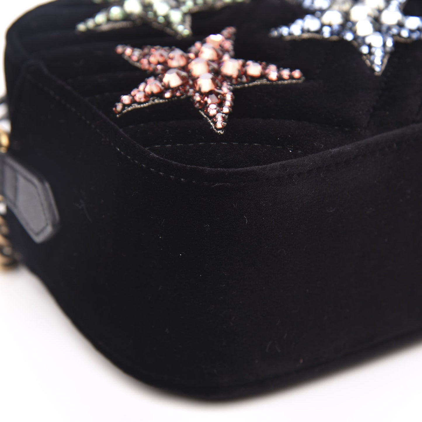 Velvet Matelasse Crystal Star Embroidered Small GG Marmont Chain Shoulder Bag Black