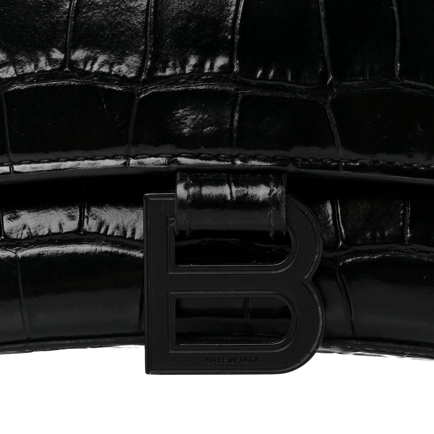 Shiny Calfskin Monochrome Crocodile Embossed Medium Hourglass Top Handle Bag Black