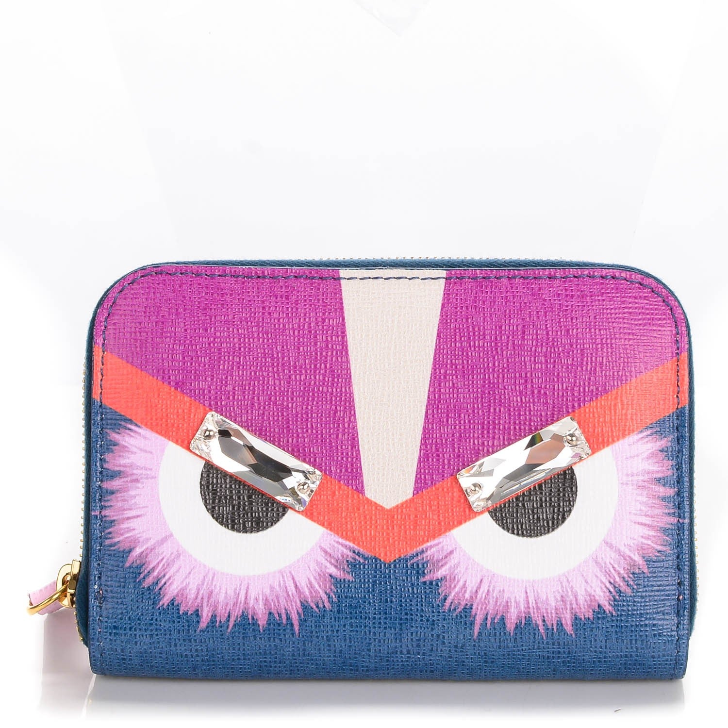 Fendi Vitello Elite Crystal Eye Monster Mini Zip Around Wallet Cobalt Lavender Pink 1 of 8