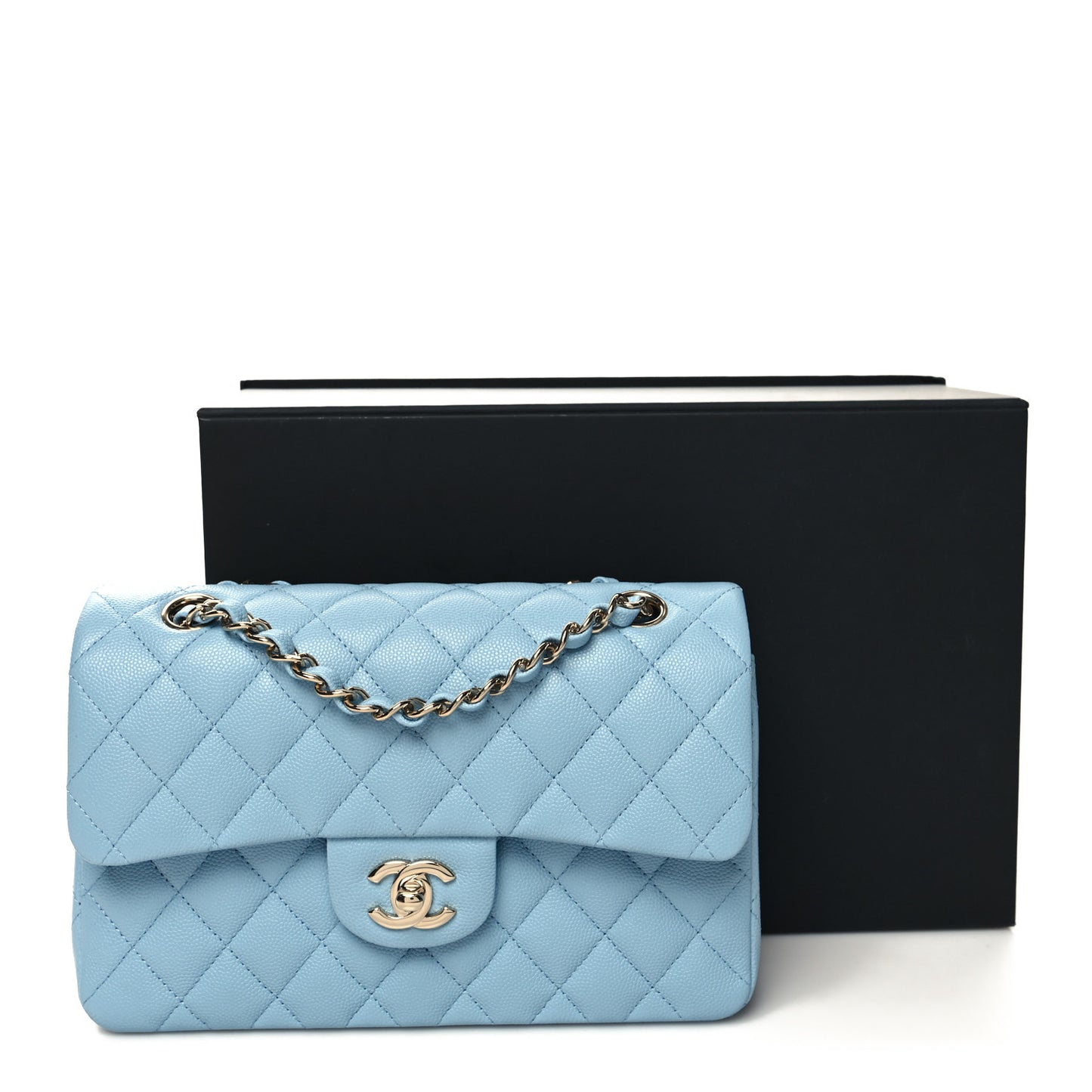 Caviar Quilted Small Double Flap Light Blue