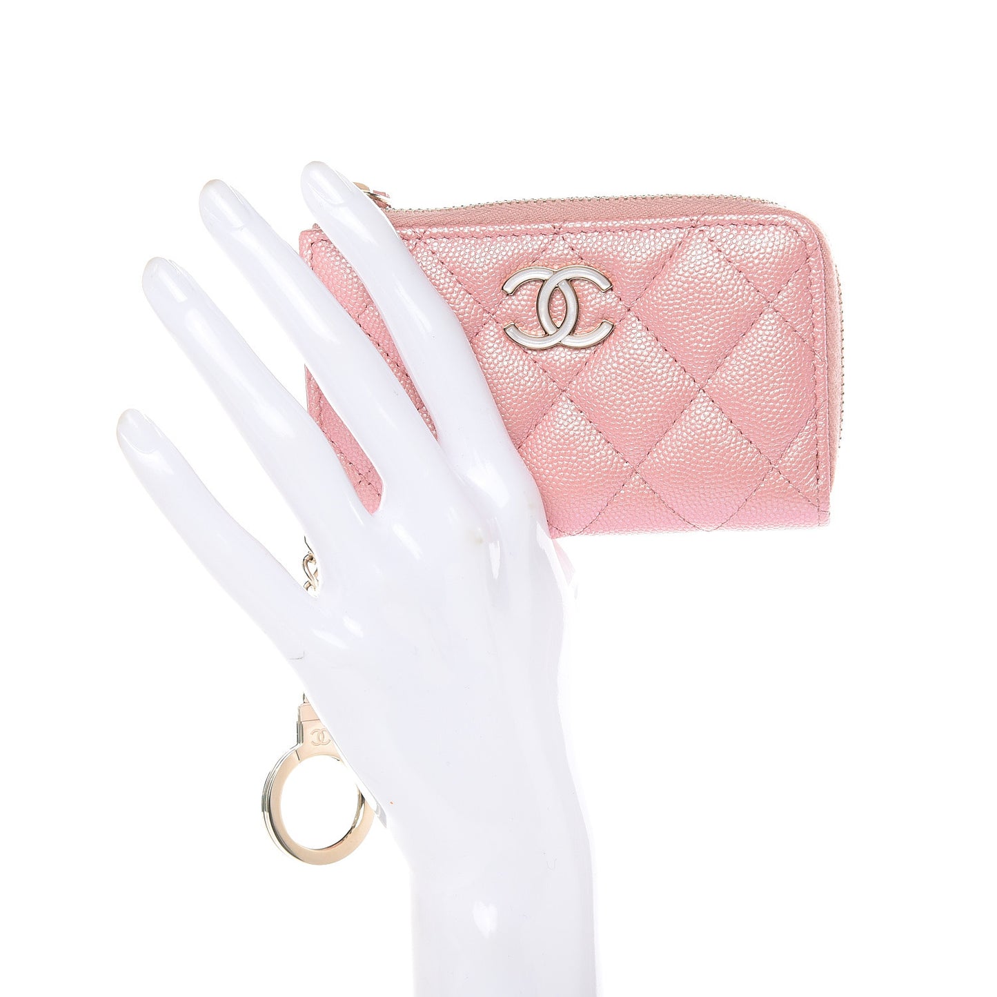 Iridescent Caviar Quilted Zipped Key Holder Case Rose Pink