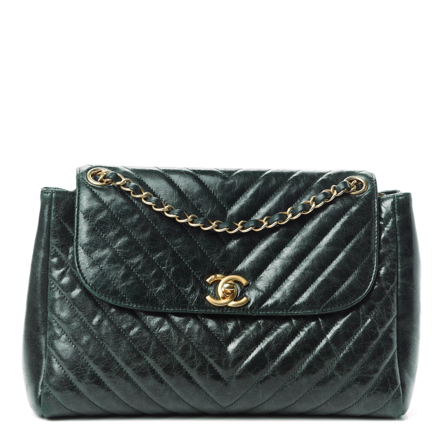 Chanel CHANE Glazed Calfskin Chevron Quilted Large Hampton Flap Dark Green 1 of 11