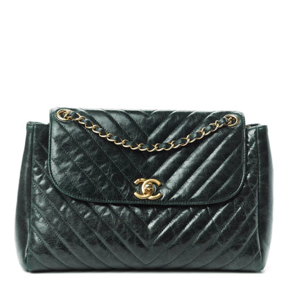 Chanel CHANE Glazed Calfskin Chevron Quilted Large Hampton Flap Dark Green 1 of 11