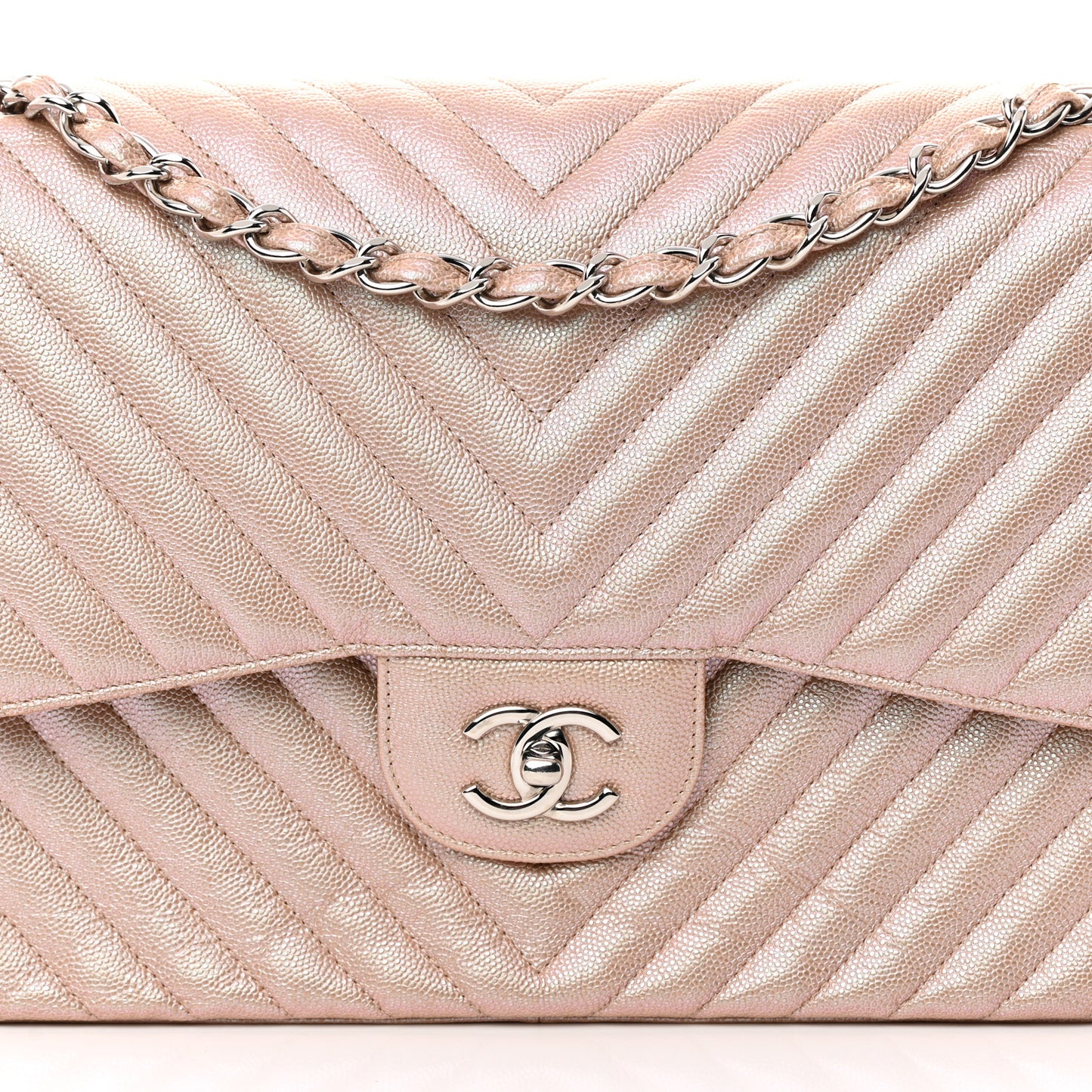 Metallic Caviar Chevron Quilted Jumbo Double Flap Light Gold