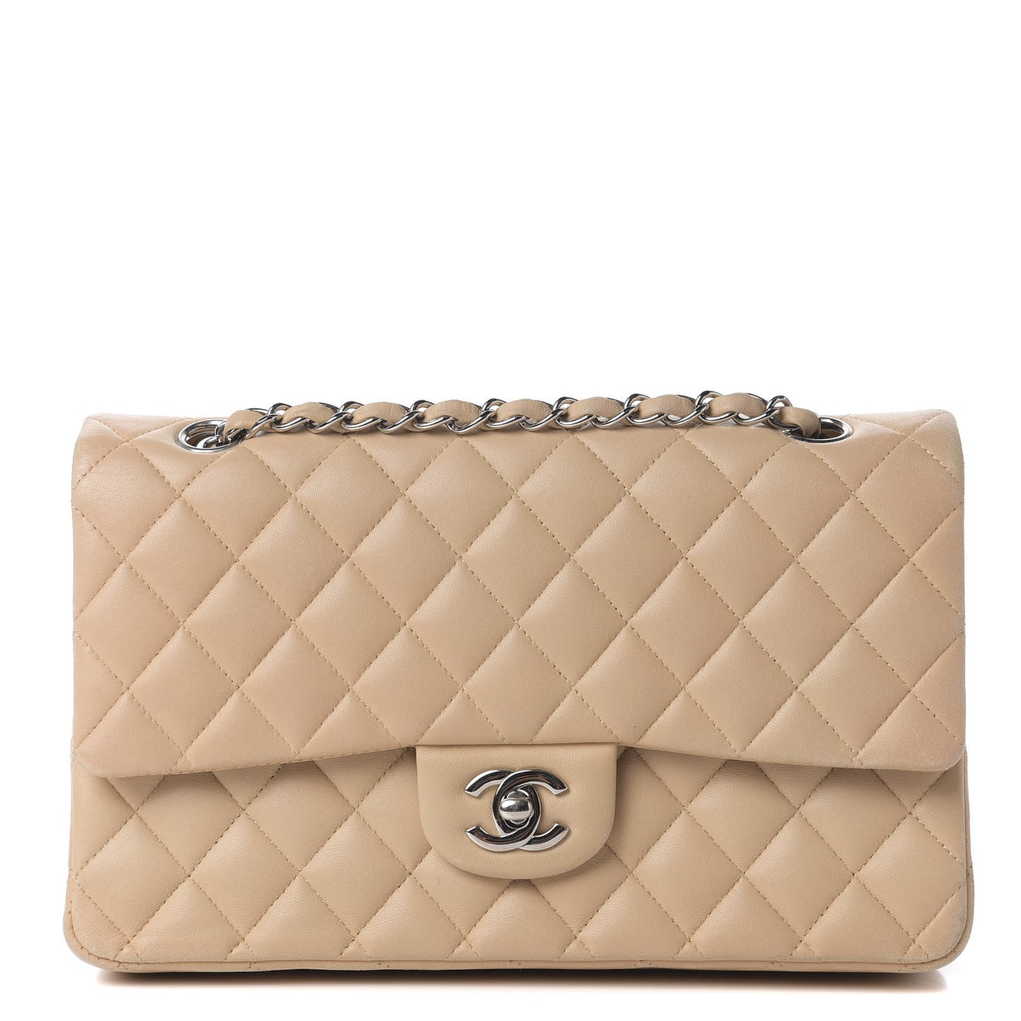 Lambskin Quilted Medium Double Flap Beige