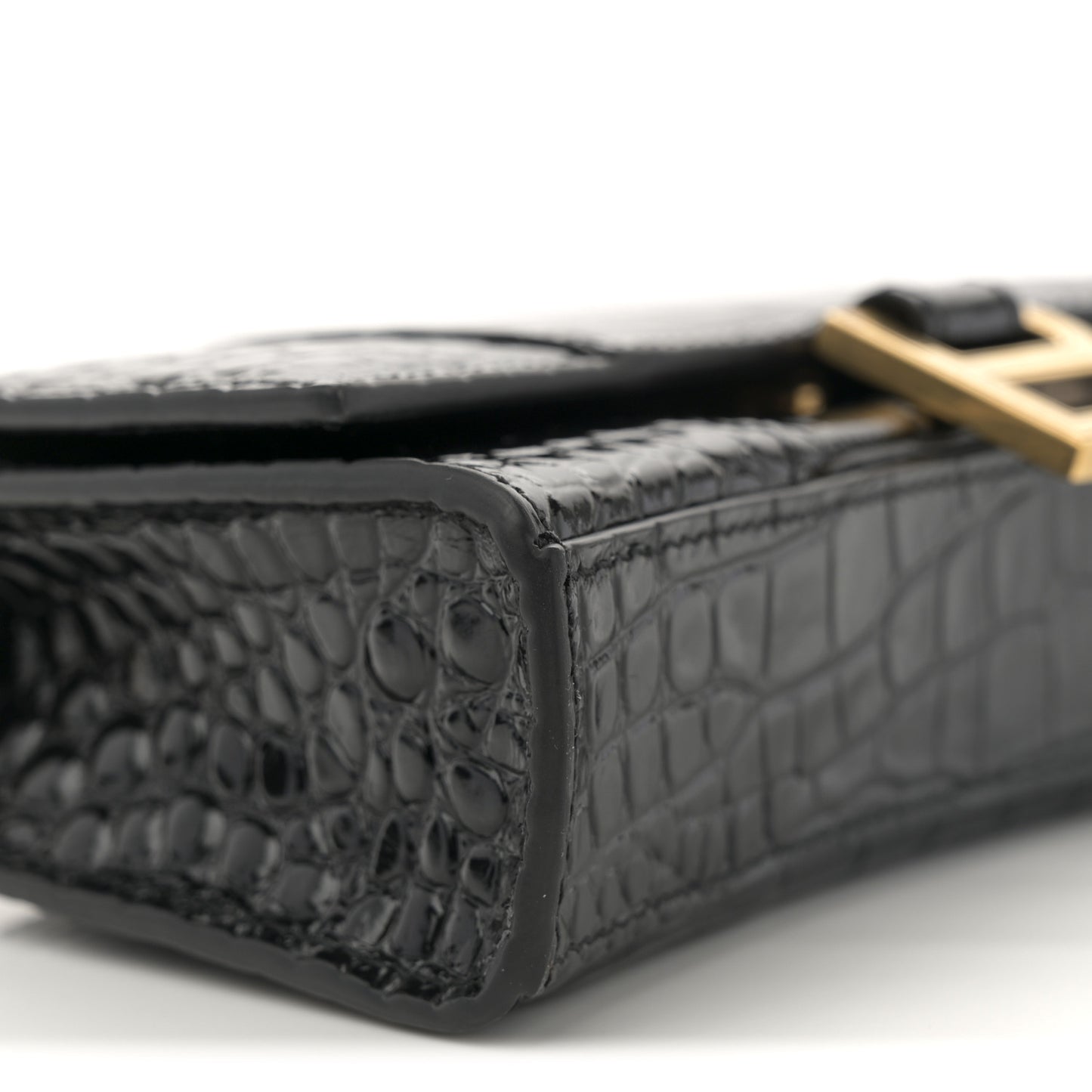 Shiny Calfskin Crocodile Embossed Hourglass Chain Bag Black