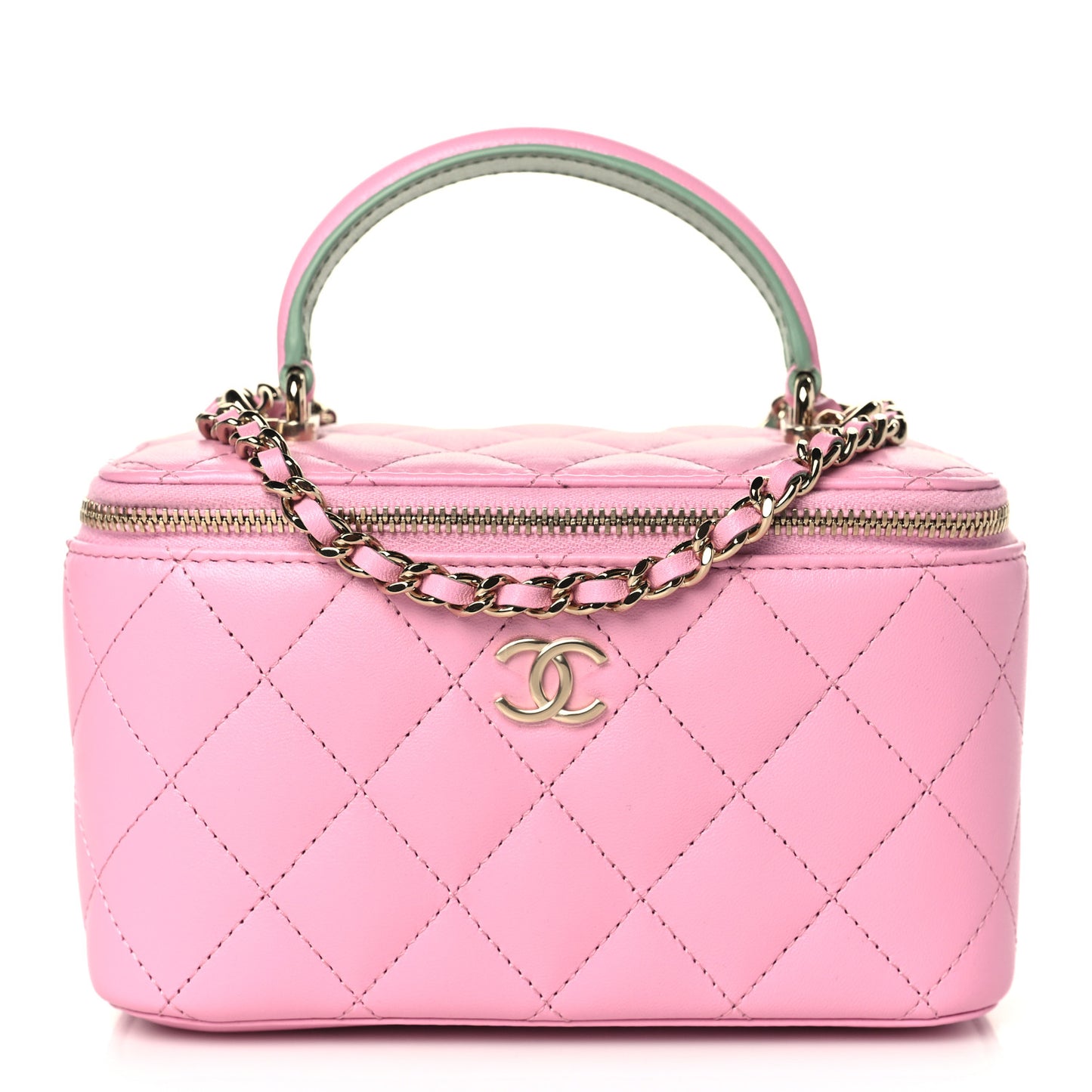Lambskin Quilted Small Top Handle Vanity Case With Chain Lilac Light Green