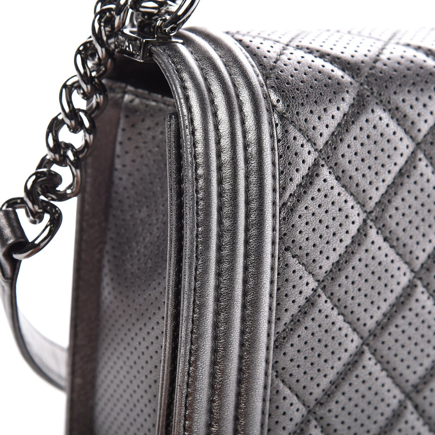 Metallic Lambskin Perforated New Medium Boy Flap Dark Silver