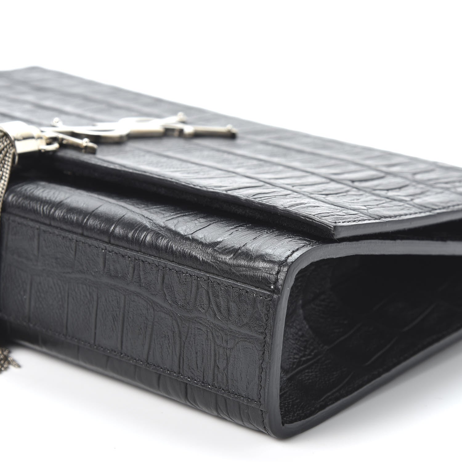 Saint Laurent Calfskin Crocodile Embossed Medium Classic Monogram Kate Tassel Satchel Black 6 of 9